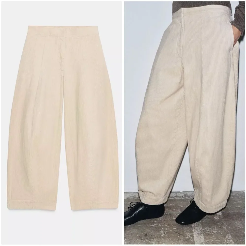 ZARA ZW COLLECTION CORDUROY BARREL PANTS - Picture 5 of 11